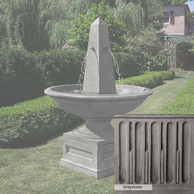 Greystone Patina for the Campania International Condotti Obelisk Fountain, a classic gray, soft, and muted, blends nicely in the garden.