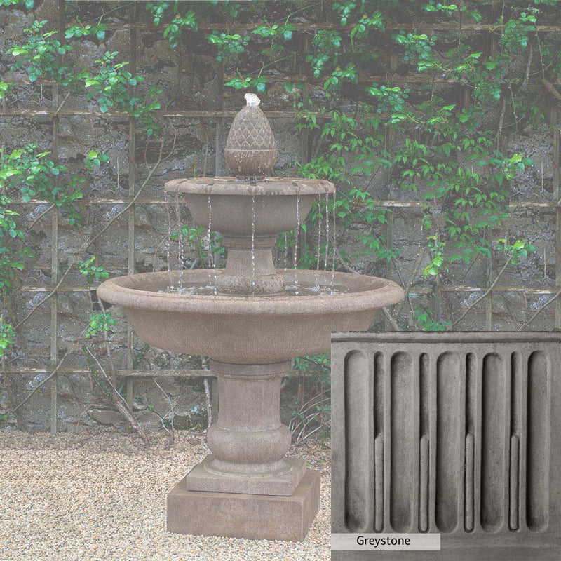 Greystone Patina for the Campania International Wiltshire Fountain, a classic gray, soft, and muted, blends nicely in the garden.