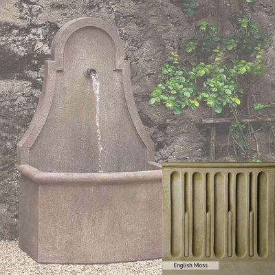 English Moss Patina for the Campania International Closerie Wall Fountain, green blended into a soft pallet with a light undertone of gray.