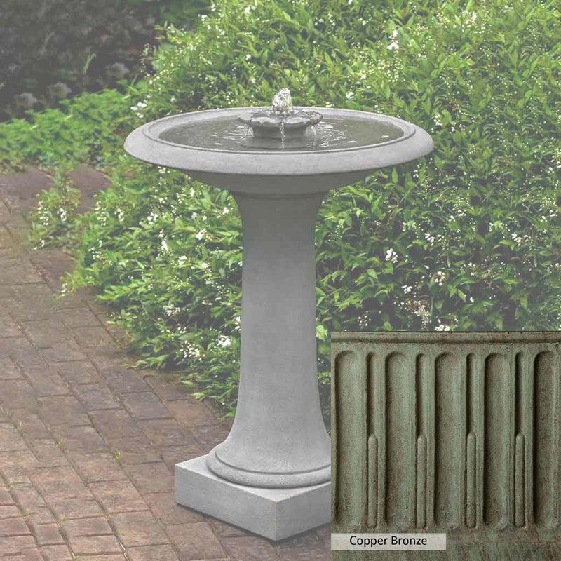Copper Bronze Patina for the Campania International Camellia Birdbath Fountain, blues and greens blended into the look of aged copper.