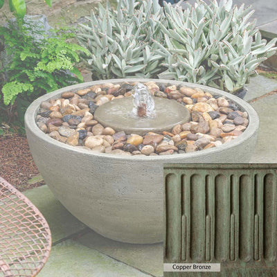 Copper Bronze Patina for the Campania International Portola Pebble Fountain, blues and greens blended into the look of aged copper.