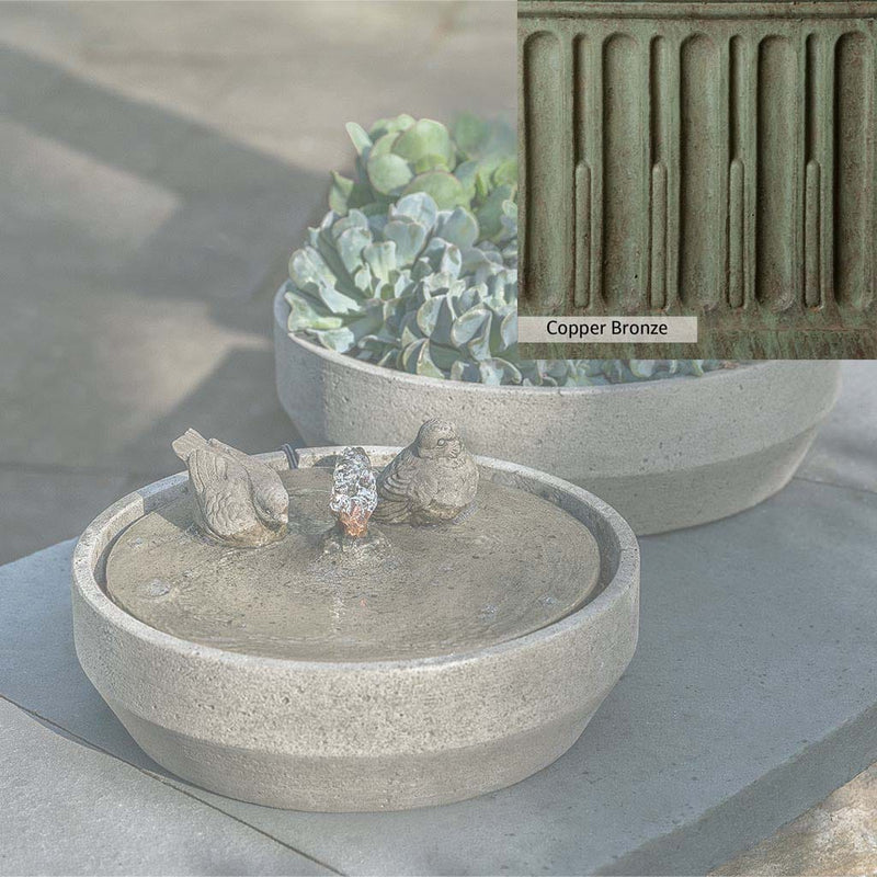 Copper Bronze Patina for the Campania International Beveled Songbird Fountain, blues and greens blended into the look of aged copper.