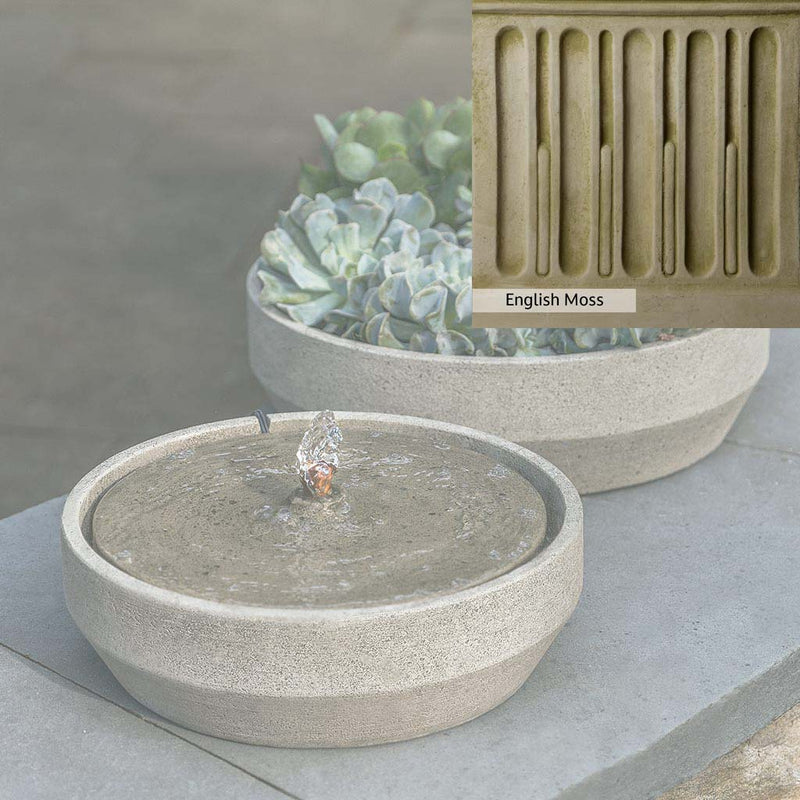 English Moss Patina for the Campania International Beveled Yuma Fountain, green blended into a soft pallet with a light undertone of gray.