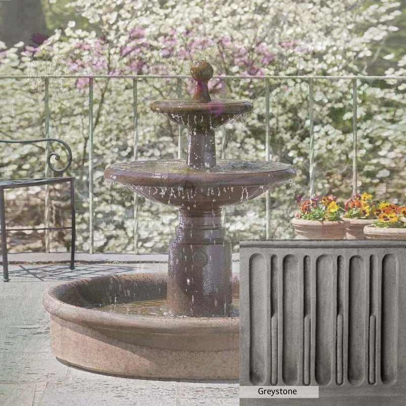 Greystone Patina for the Campania International Esplanade Two Tier Fountain, a classic gray, soft, and muted, blends nicely in the garden.