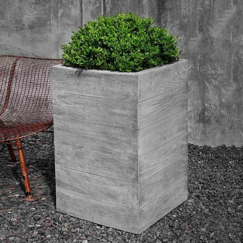 Campania International Chenes Brut Tall Box Planter is shown in the Greystone Patina. Made from cast stone.