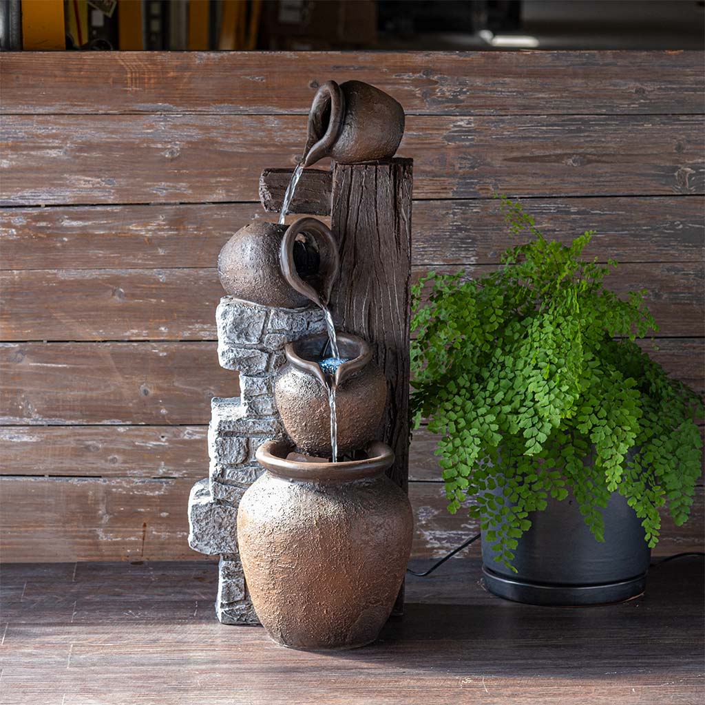 planter pot fountain Rustic Pot Tiered Waterfall Fountain in Brown Clay by Tivoli