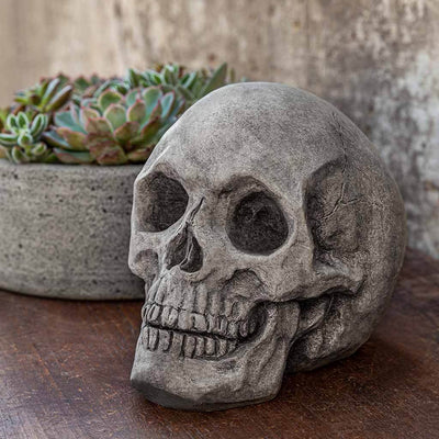 Campania International Alas Poor Yorick Statue, set in the garden to add charm and character. The statue is shown in the Alpine Stone Patina.
