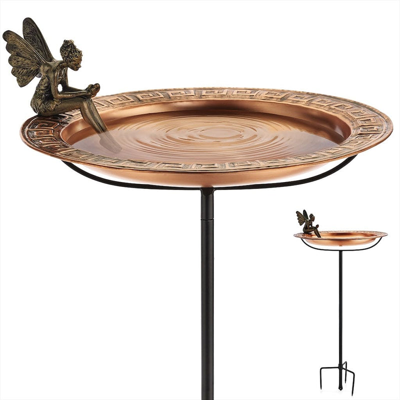 Good Directions 18 inch Greek Copper Bird Bath with Fairy and Garden Pole