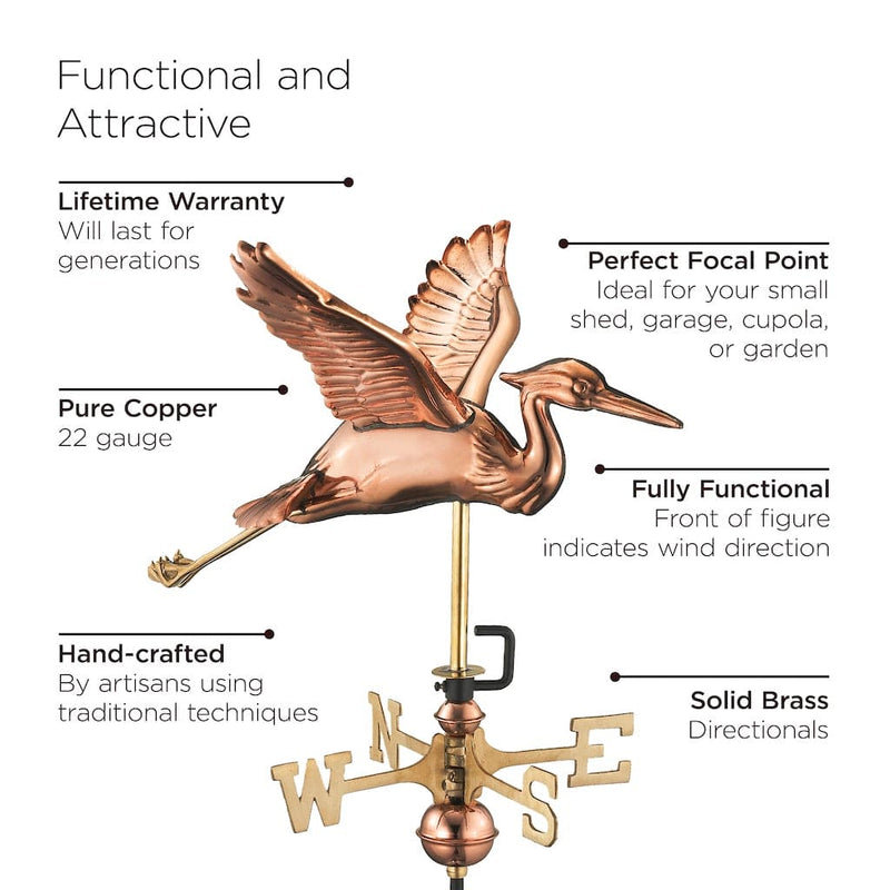 Good Directions Blue Heron Garden Weathervane in Pure Copper with Garden Pole