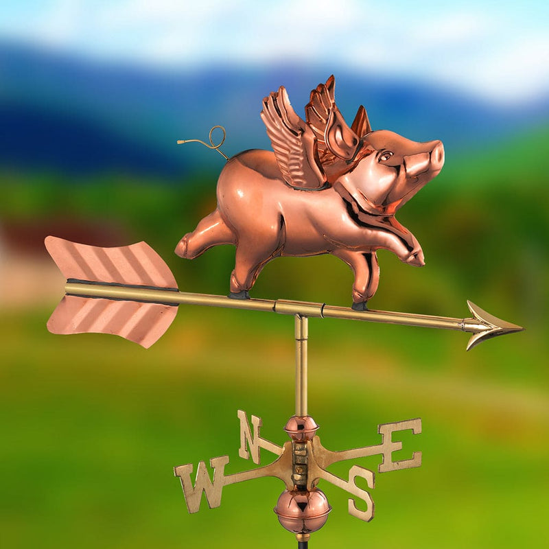 Good Directions Flying Pig Cottage Weathervane in Pure Copper with Roof Mount