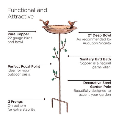 Good Directions 13 inch Pure Copper Bird Bath with Birds on Deco Garden Pole