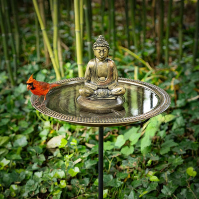 Good Directions 18 inch Beaded Copper Bird Bath with Buddha and Garden Pole