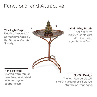 Good Directions 20 inch Copper Bird Bath with Buddha and Stand