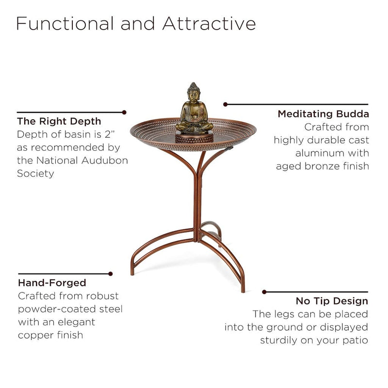 Good Directions 20 inch Copper Bird Bath with Buddha and Stand