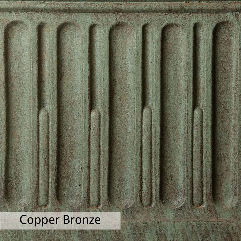 Copper Bronze Patina stain on the Campania International Large Cylinder Fountain, blues and greens blended into the look of aged copper.
