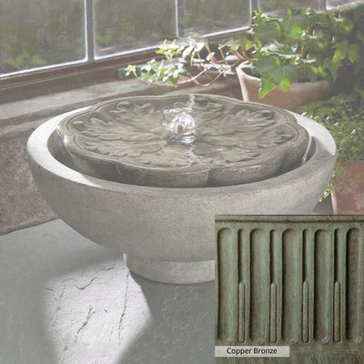 Copper Bronze Patina for the Campania International M-Series Flores Fountain, blues and greens blended into the look of aged copper.