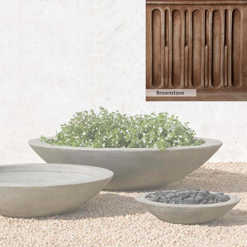 Brownstone Patina for the Campania International Low Zen Large Bowl, brown blended with hints of red and yellow, works well in the garden.
