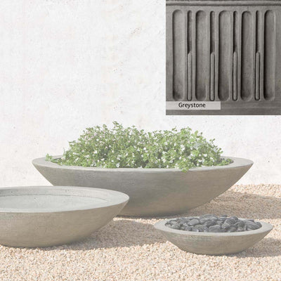 Greystone Patina for the Campania International Low Zen Large Bowl , a classic gray, soft, and muted, blends nicely in the garden.