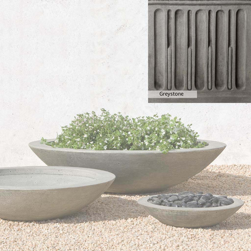 Greystone Patina for the Campania International Low Zen Large Bowl , a classic gray, soft, and muted, blends nicely in the garden.