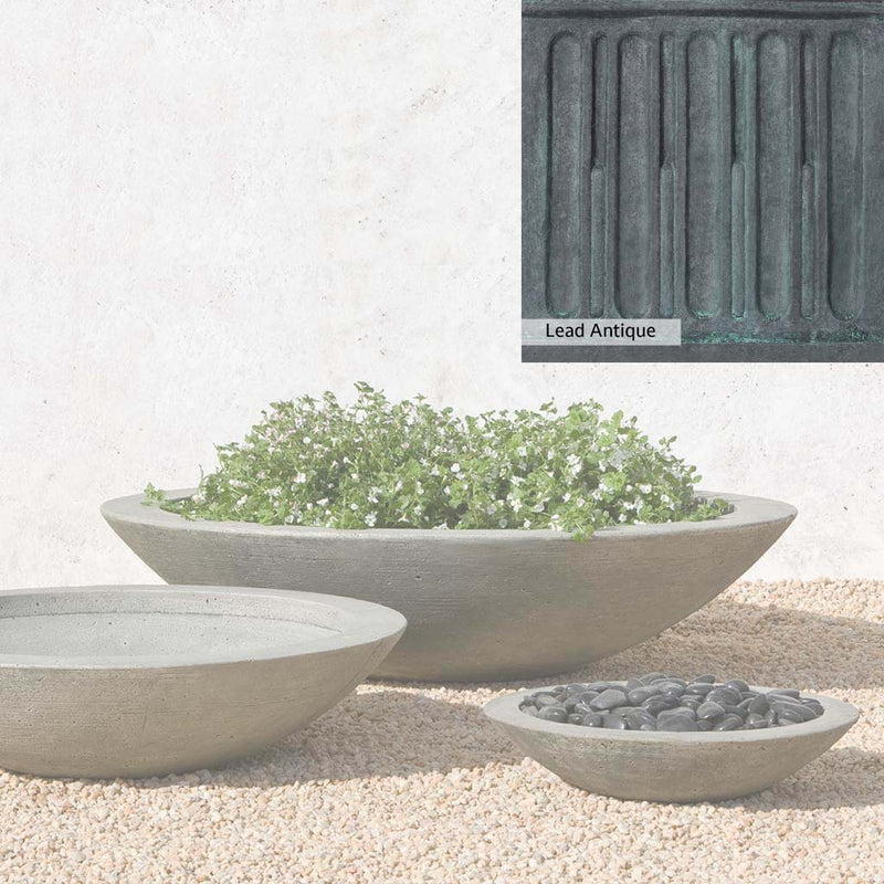 The Lead Antique Patina for the Campania International Low Zen Large Bowl, aged blue and grey layered to give the look of a classic antique lead patina.