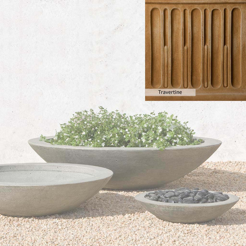 Travertine Patina for the Campania International Low Zen Large Bowl, soft yellows, oranges, and brown for an old-word garden.