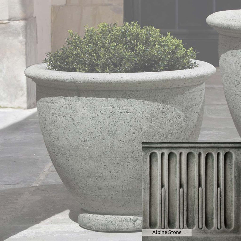 Alpine Stone Patina for the Campania International Berkeley Medium Planter, a medium gray with a bit of green to define the details.