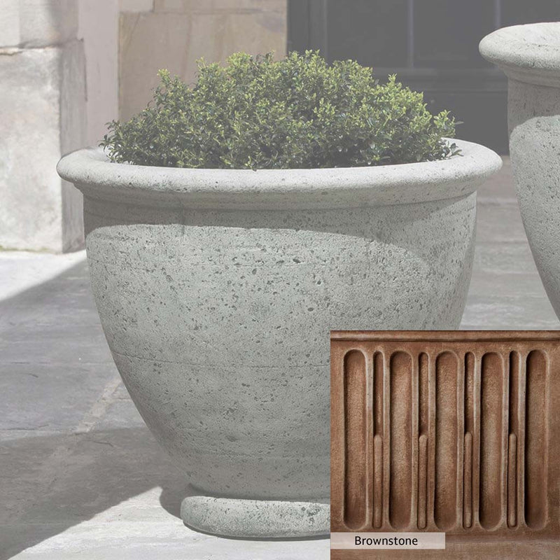 Brownstone Patina for the Campania International Berkeley Medium Planter, brown blended with hints of red and yellow, works well in the garden.