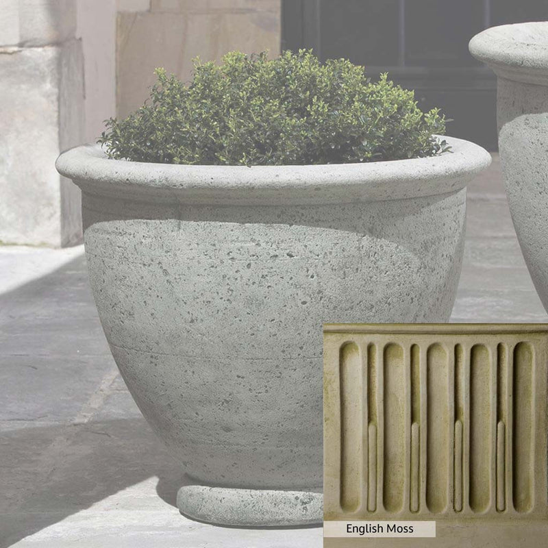 English Moss Patina for the Campania International Berkeley Medium Planter, green blended into a soft pallet with a light undertone of gray.