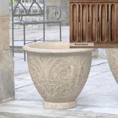 Brownstone Patina for the Campania International Arabesque Medium Planter, brown blended with hints of red and yellow, works well in the garden.