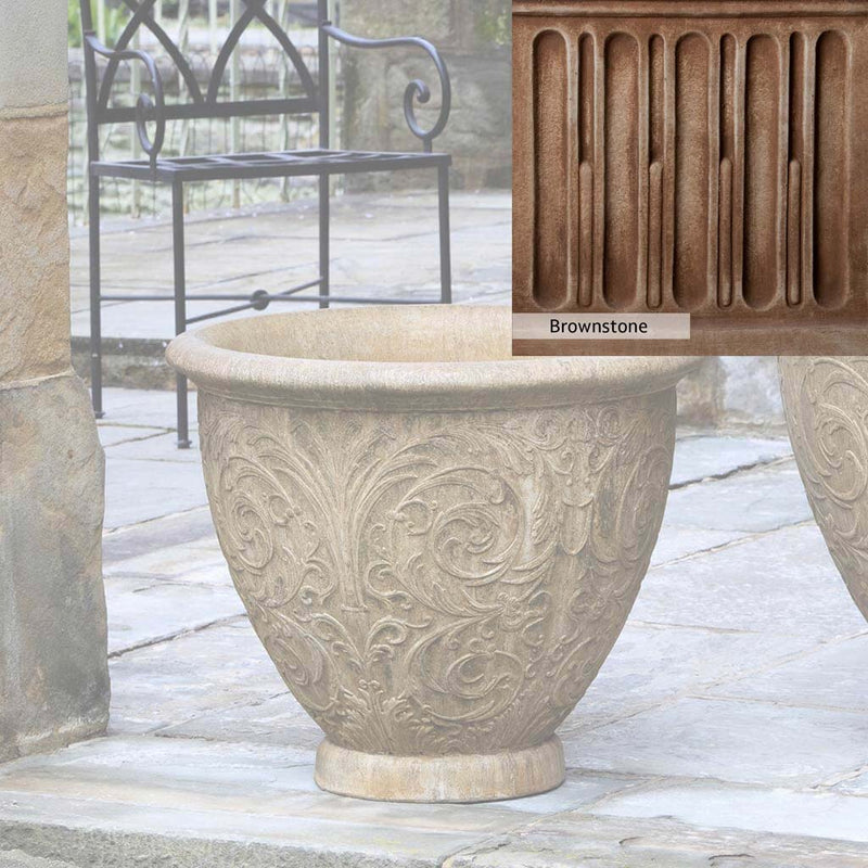 Brownstone Patina for the Campania International Arabesque Medium Planter, brown blended with hints of red and yellow, works well in the garden.