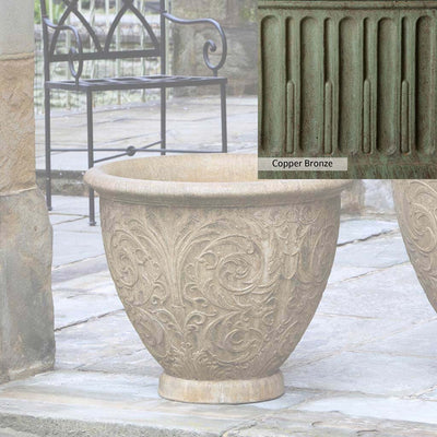 Copper Bronze Patina for theCampania International Arabesque Medium Planter, blues and greens blended into the look of aged copper.