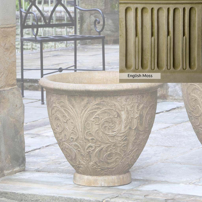 English Moss Patina for the Campania International Arabesque Medium Planter, green blended into a soft pallet with a light undertone of gray.