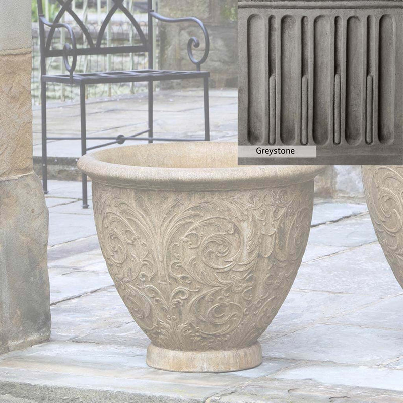 Greystone Patina for the Campania International Arabesque Medium Planter , a classic gray, soft, and muted, blends nicely in the garden.