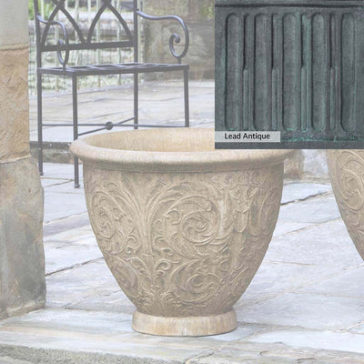 The Lead Antique Patina for the Campania International Arabesque Medium Planter, aged blue and grey layered to give the look of a classic antique lead patina.