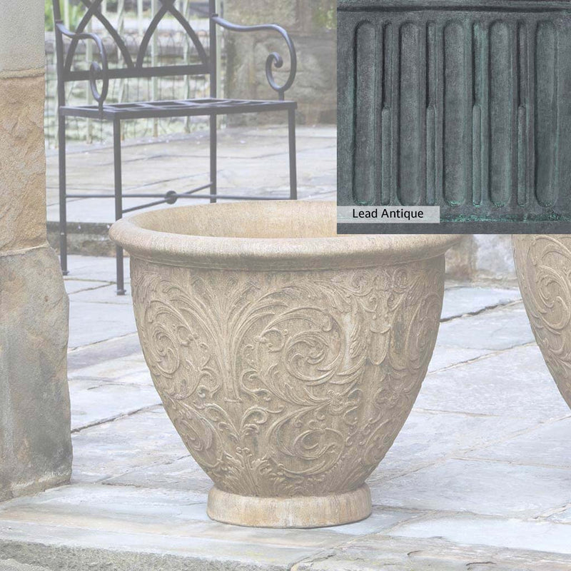 The Lead Antique Patina for the Campania International Arabesque Medium Planter, aged blue and grey layered to give the look of a classic antique lead patina.