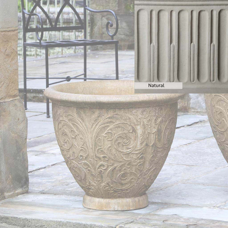 Natural Patina for theCampania International Arabesque Medium Planter is unstained cast stone, the brightest and whitest finish that will age.