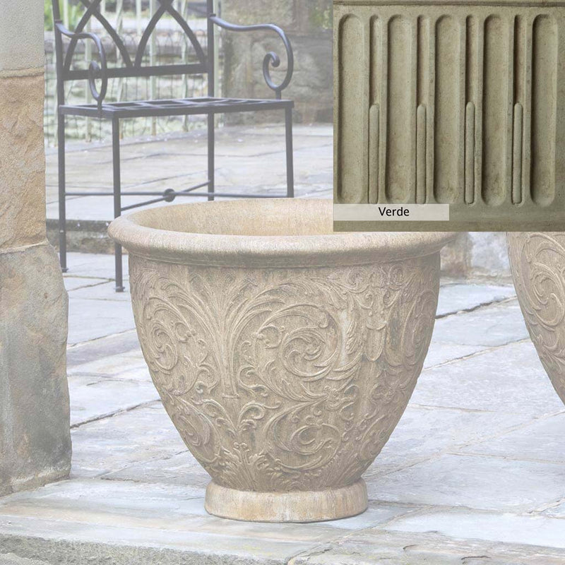 Verde Patina for the Campania International Arabesque Medium Planter, green and gray come together in a soft tone blended into a soft green.