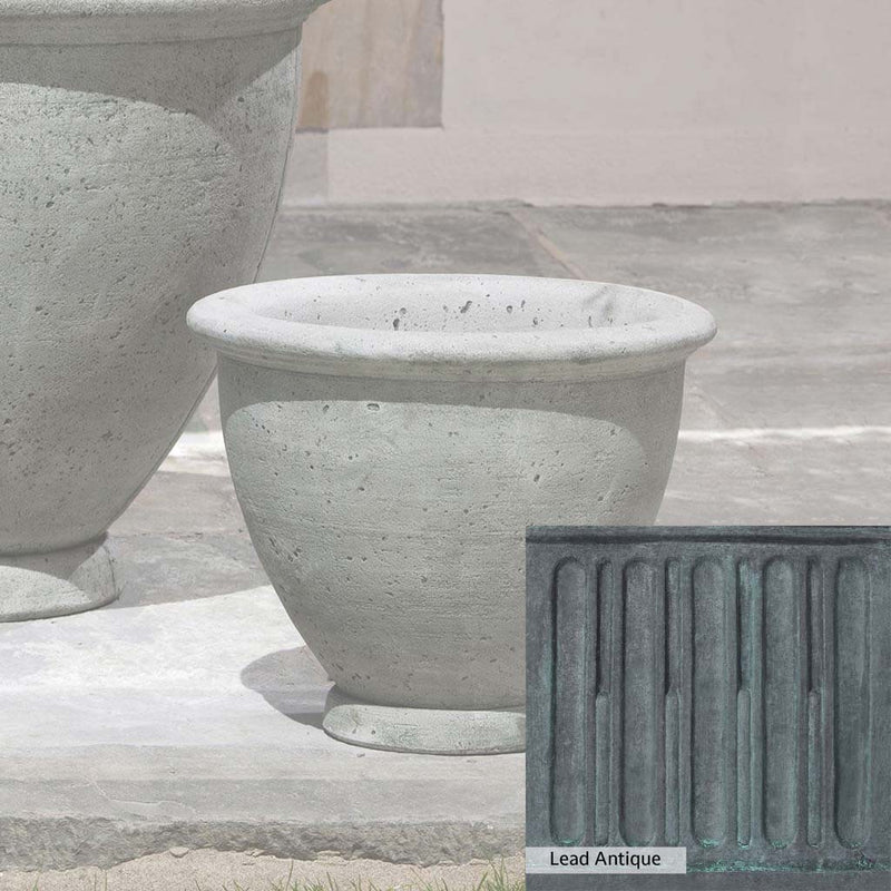 The Lead Antique Patina for the Campania International Berkeley Small Planter, aged blue and grey layered to give the look of a classic antique lead patina.