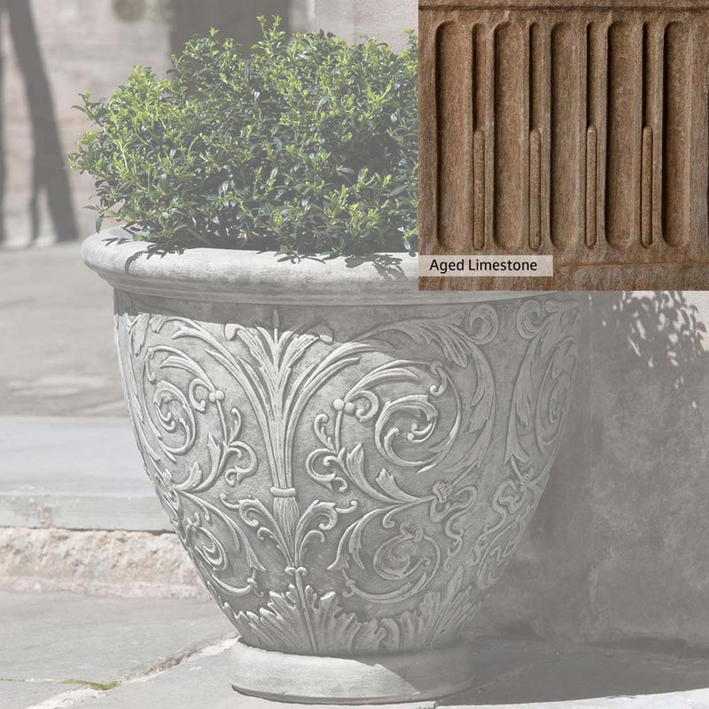 Aged Limestone Patina for the Campania International Arabesque Small Planter, brown, orange, and green for an old stone look.