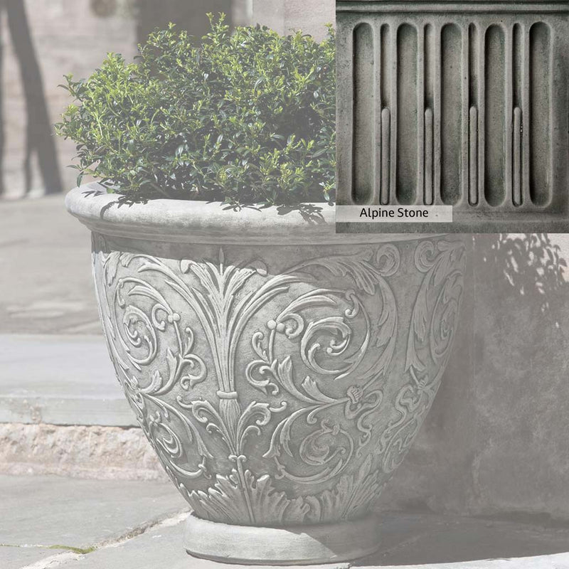 Alpine Stone Patina for the Campania International Arabesque Small Planter, a medium gray with a bit of green to define the details.