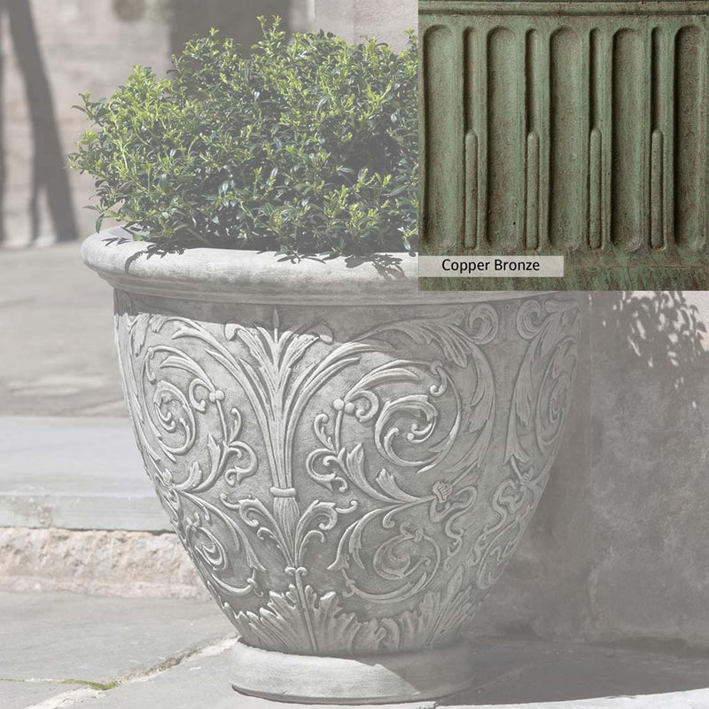 Copper Bronze Patina for theCampania International Arabesque Small Planter, blues and greens blended into the look of aged copper.