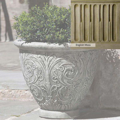 English Moss Patina for the Campania International Arabesque Small Planter, green blended into a soft pallet with a light undertone of gray.