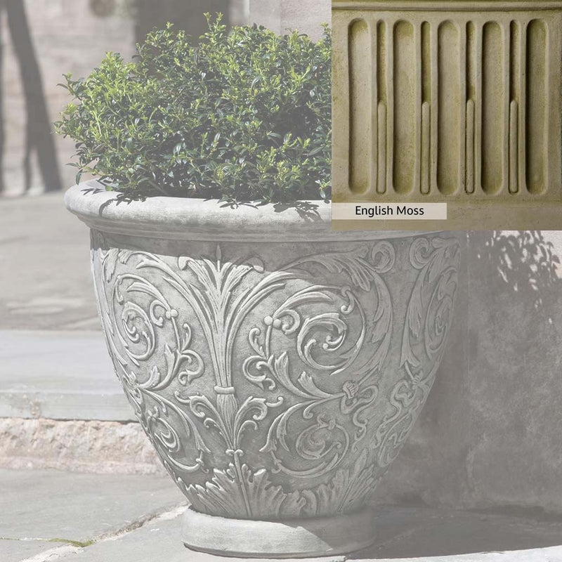 English Moss Patina for the Campania International Arabesque Small Planter, green blended into a soft pallet with a light undertone of gray.