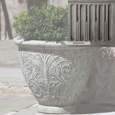 Greystone Patina for the Campania International Arabesque Small Planter , a classic gray, soft, and muted, blends nicely in the garden.