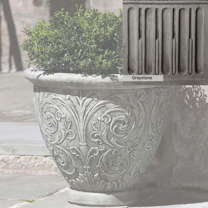 Greystone Patina for the Campania International Arabesque Small Planter , a classic gray, soft, and muted, blends nicely in the garden.