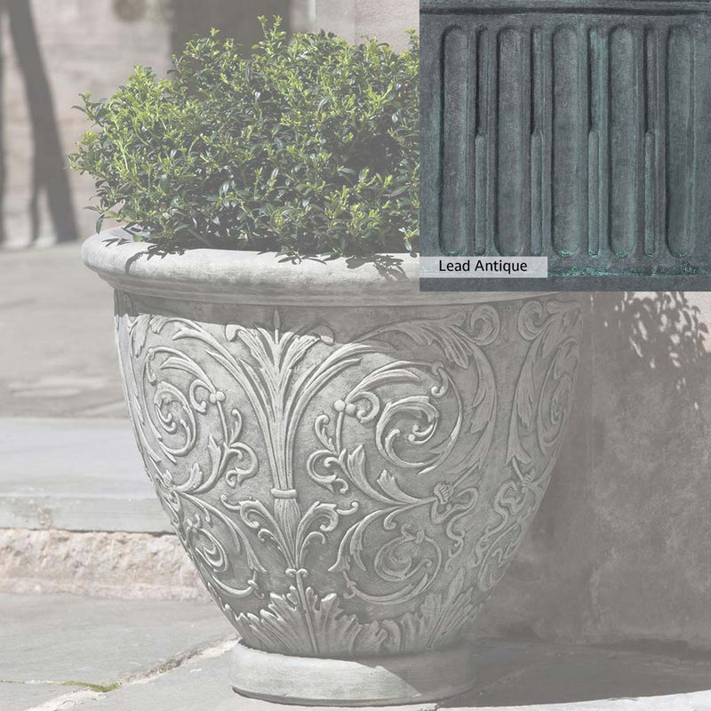 The Lead Antique Patina for the Campania International Arabesque Small Planter, aged blue and grey layered to give the look of a classic antique lead patina.