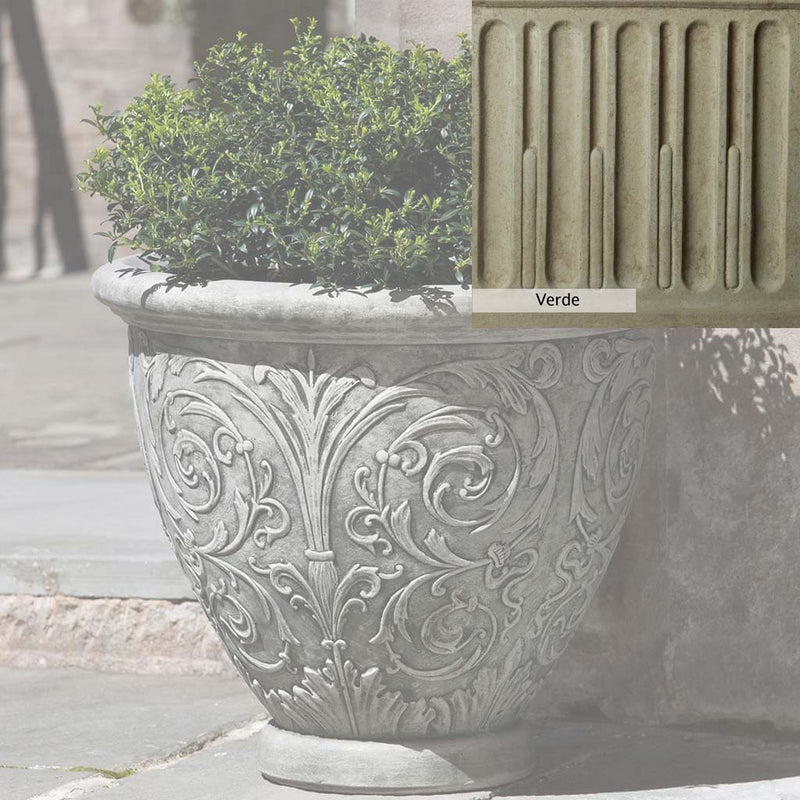 Verde Patina for the Campania International Arabesque Small Planter, green and gray come together in a soft tone blended into a soft green.