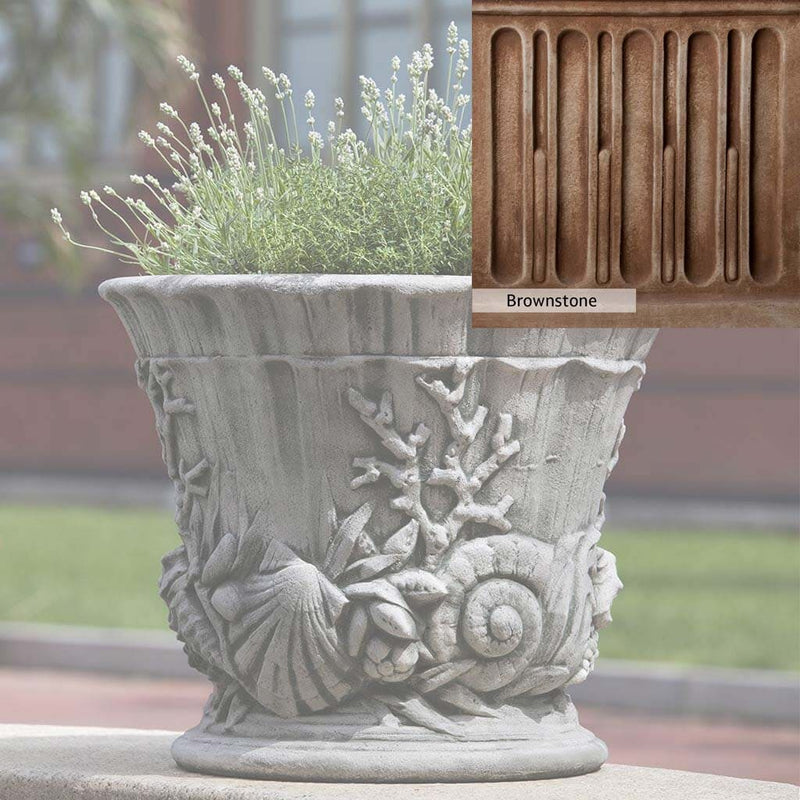 Brownstone Patina for the Campania International Smithsonian Chesapeake Urn, brown blended with hints of red and yellow, works well in the garden.