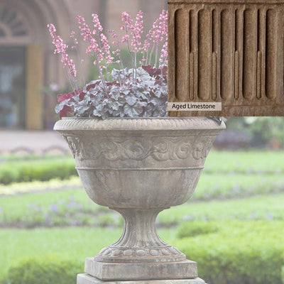 Aged Limestone Patina for the Campania International Smithsonian Foliated Scroll Urn, brown, orange, and green for an old stone look.