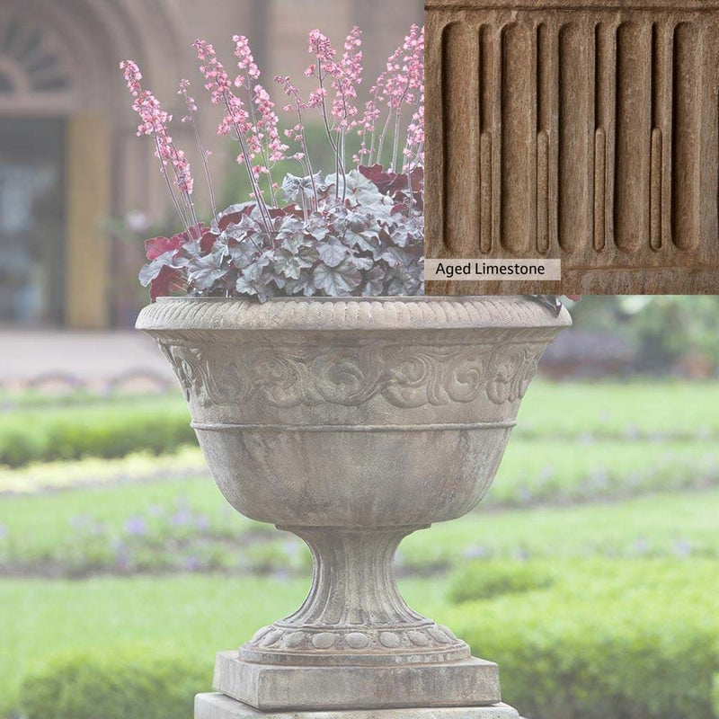 Aged Limestone Patina for the Campania International Smithsonian Foliated Scroll Urn, brown, orange, and green for an old stone look.